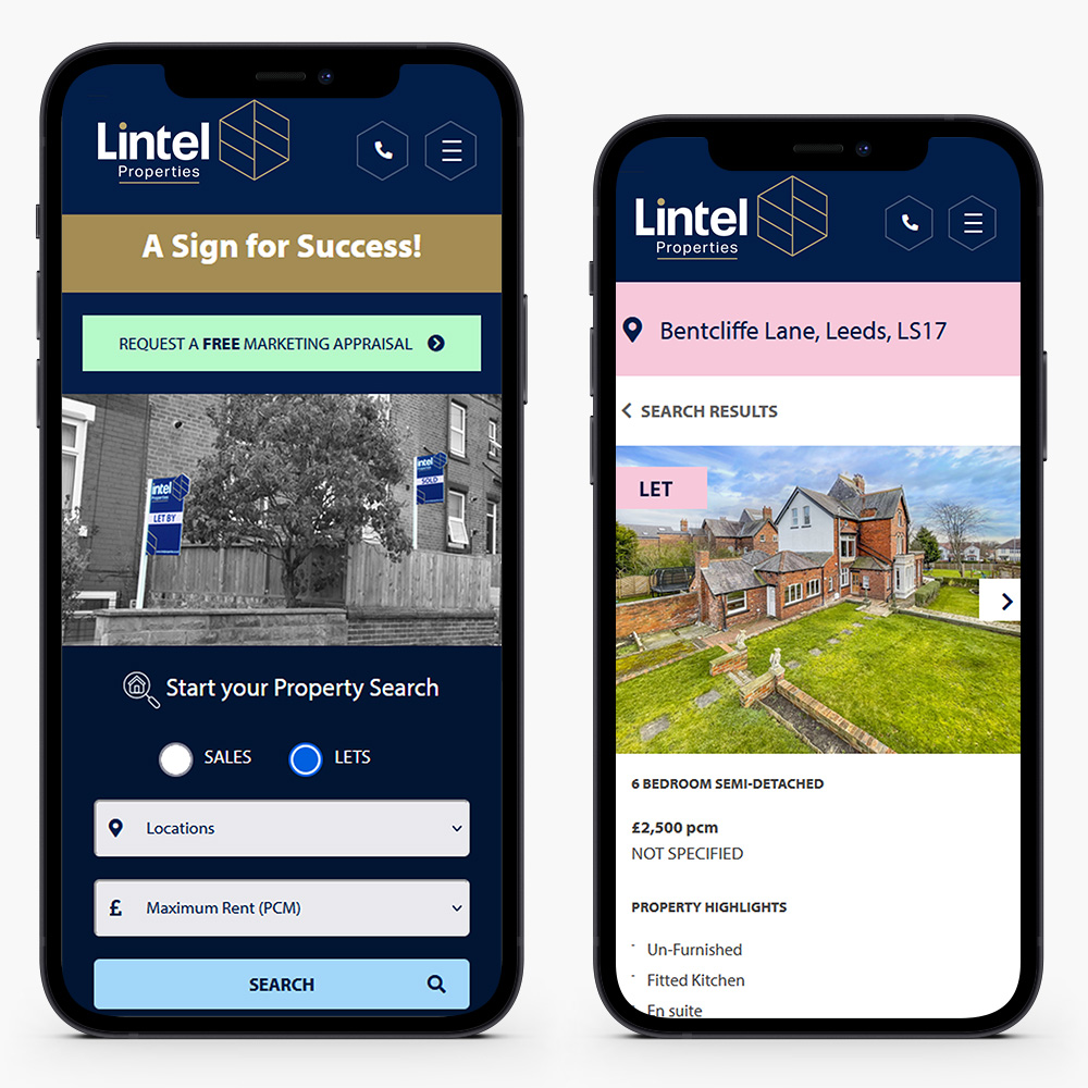 The Lintel Properties website on mobile devices